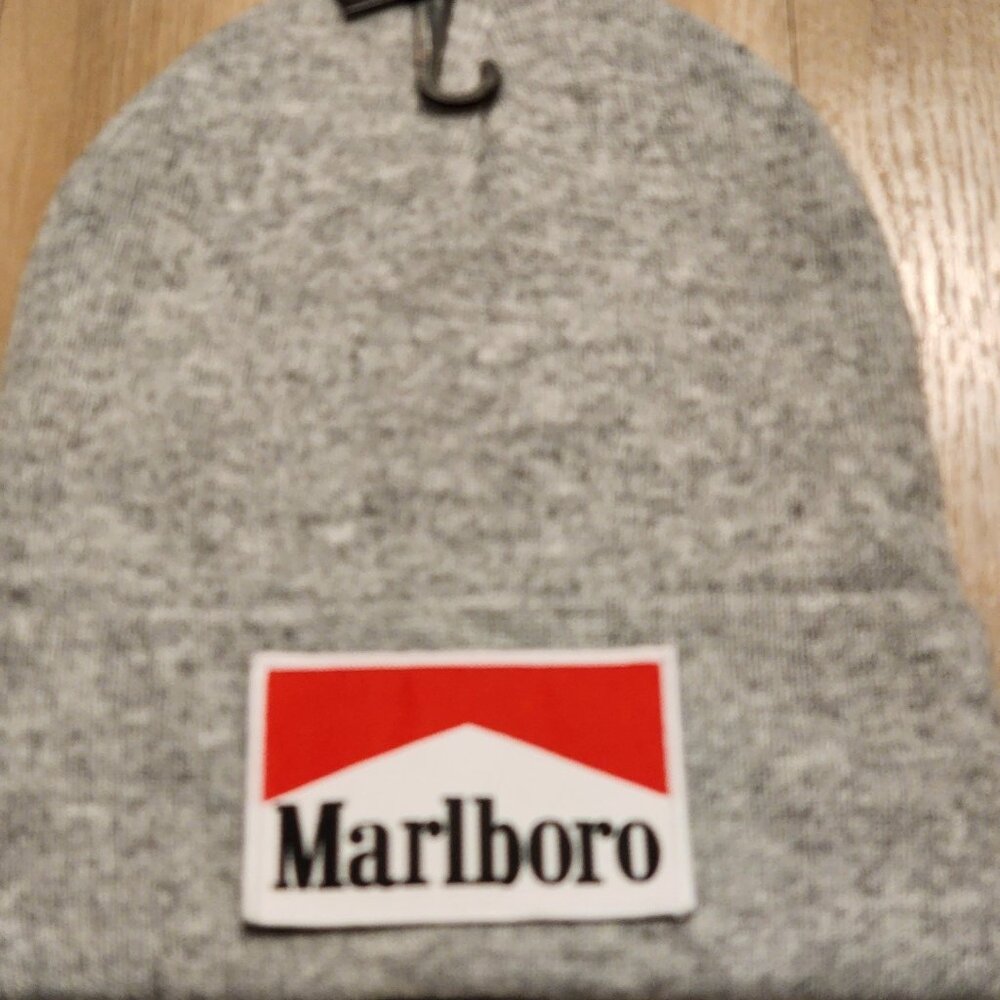 Marlboro Patched Knit Cuffed Beanie in Gray.